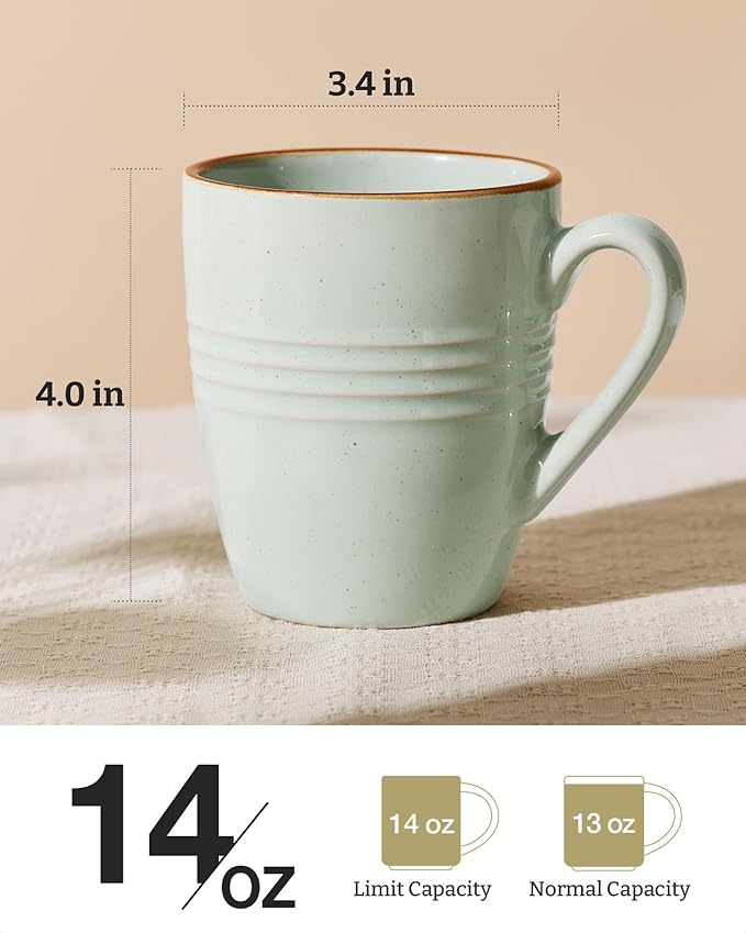 famiware Jupiter Coffee Mugs Set of 6, 14 OZ Coffee Mug, Microwave and Dishwasher Safe, Coffee Cups with Handle for Coffee, Tea, Cocoa, Milk, Light Green