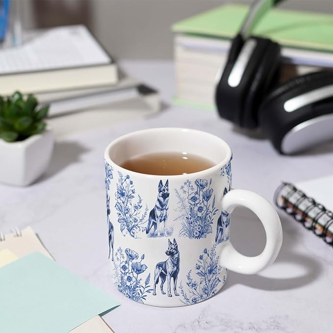 German Shepherd Blue French Toile Coffee Mug, German Shepherd Lover Gifts for Women, Blue Toile Mug Cup for Dog Mom, Dogs Lovers Tea Coffee Drinkware Birthday Gifts for Dog Owners, 11 oz