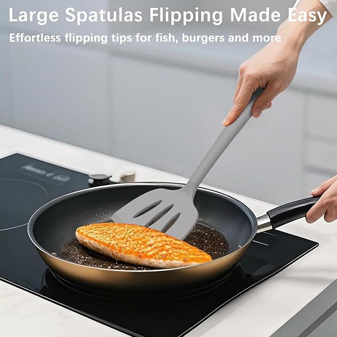 Coukre 3 Pack Silicone Spatula Set, High Heat Resistant, BPA-Free, Fish Spatula, Solid & Slotted Turner for Non-Stick Pans, Flipping Eggs, Pancakes, Fish, Burgers (3, Classic Grey)