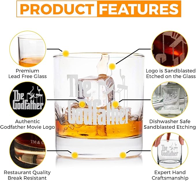 Official Godfather Etched Whiskey Glass - with Logo & Quote ''Don't ask me about my business'' - Premium Quality, Handcrafted Glassware, 11 oz. Perfect Collectible Rocks Glass