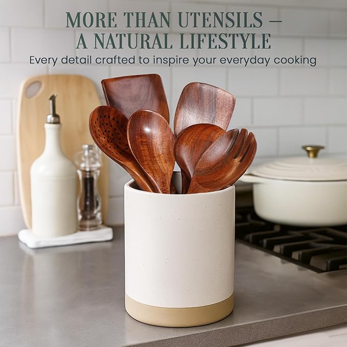 6-Piece Teak Wood Utensil Set – Durable Natural Teak with Smooth, Sealed Finish – Gentle on Non-Stick Cookware for Everyday Stirring, Mixing, Serving and Cooking