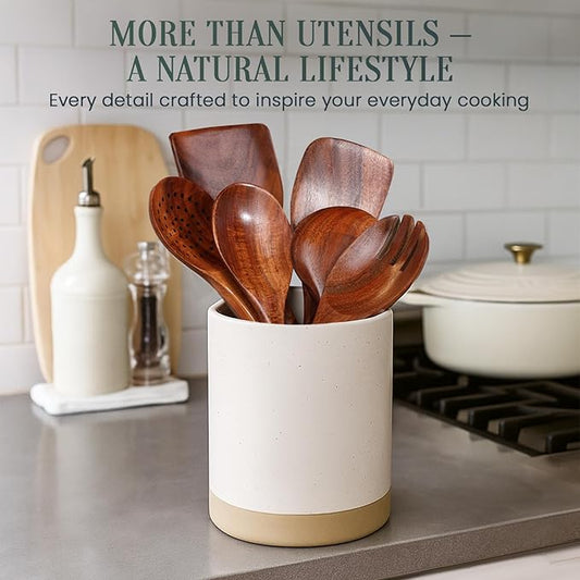 6-Piece Teak Wood Utensil Set – Durable Natural Teak with Smooth, Sealed Finish – Gentle on Non-Stick Cookware for Everyday Stirring, Mixing, Serving and Cooking