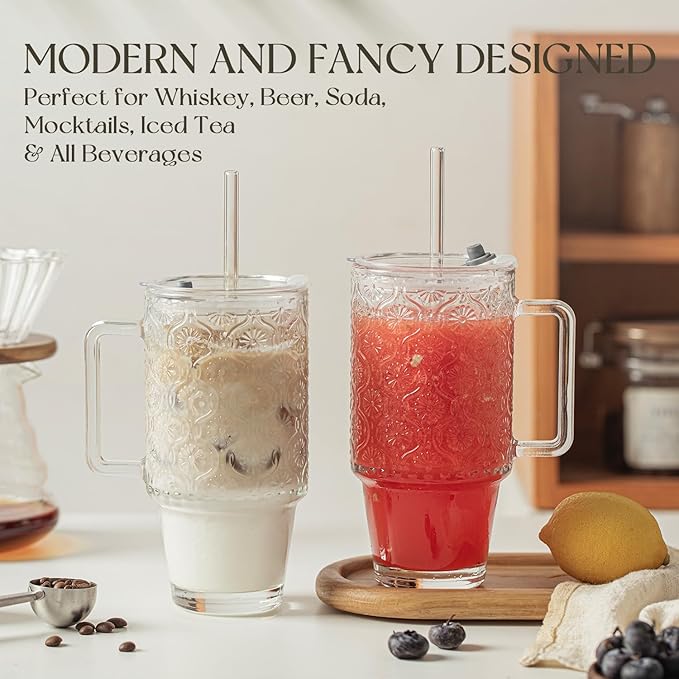 KEMORELA 24 Oz Ribbed Glass Tumblers with Lids and Straws, Tumbler Cup with Handle, Iced Coffee Glassware, Clear Reusable Drinkware for Smoothies and Beverages