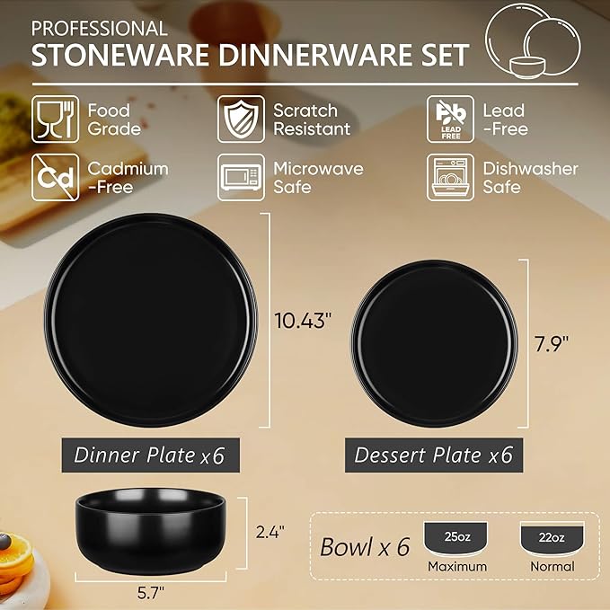 Herogo 18 Pieces Stoneware Dinnerware Sets Service for 6, Dinner Plates and Bowls Sets, Double Reactive Glaze Dishes Set for Kitchen, Scratch Resistant, Microwave & Dishwasher Safe, Matte Black