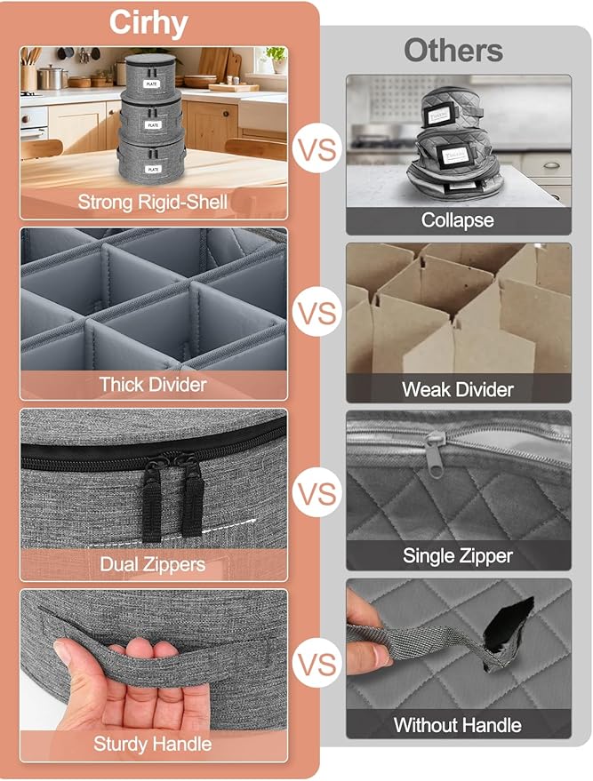 Cirhy Reinforced China Storage Containers, 5-Piece Dinnerware & Mug Organizer Set with Quilted Padding and Felt Dividers, Stackable Boxes for Dishes, Cups & Fine China, Ideal for Moving and Kitchen