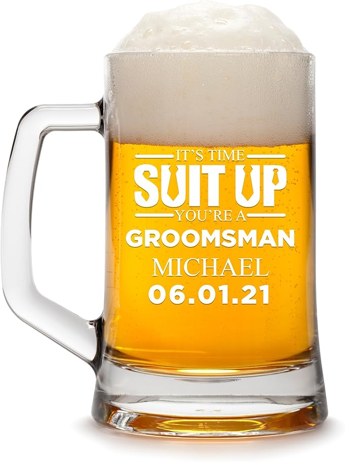 Groomsmen Gifts - Personalized Beer Mugs - Groomsmen Proposal Gift Idea - Customized Gift for Groom, Best Man, Groomsman - Custom Engraved Beer Mugs for Grooms Men - Groomsmen Beer Glasses (Design A)