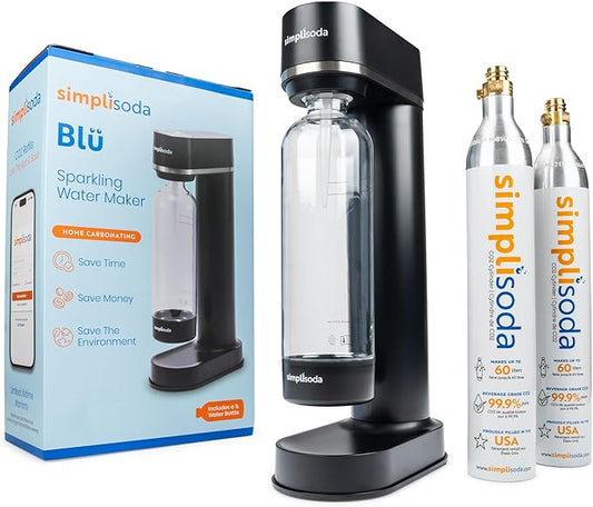 BLÜ Sparkling Water Maker, Premium Soda Streaming Machine, Carbonated Water Machine and Soda Maker - Black (Machine + 2 CO2 Cylinders)