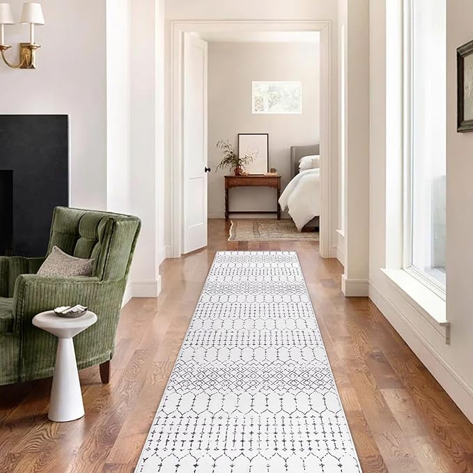 Lahome Moroccan Small Runner Rug - 2x5 Rug Runner Non-Slip Washable Rug Runner Throw Lightweight Hallway Rugs Indoor Laundry Room, Geometric Print Carpet Runners for Bedroom Kitchen (White, 2'x5')