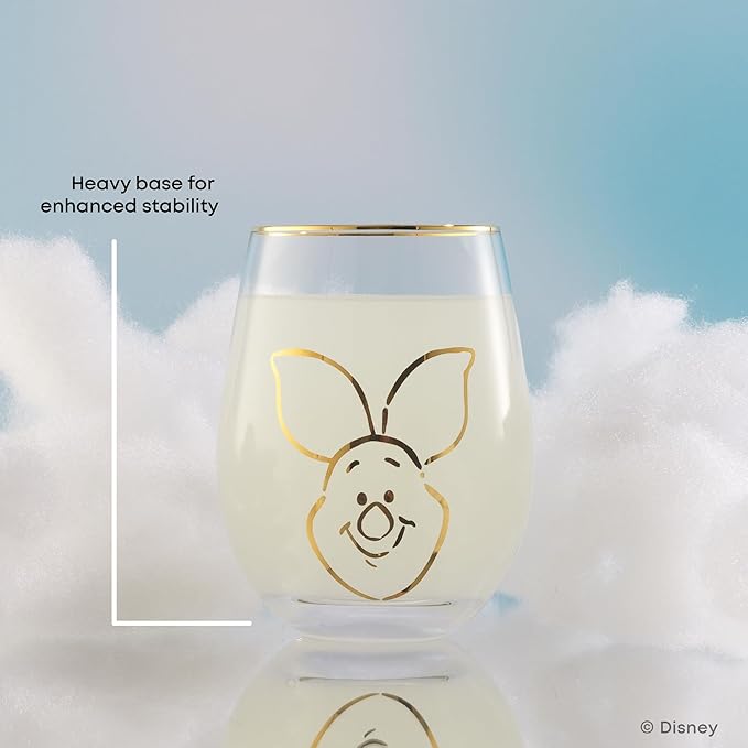 JoyJolt Disney Winnie the Pooh Gold Sketch Stemless Drinking Glasses Set of 4, 19oz Glass Cups ft Pooh Bear Tigger Piglet Eeyore, Disney Kitchen Glassware Set, Winnie the Pooh Adult Gifts