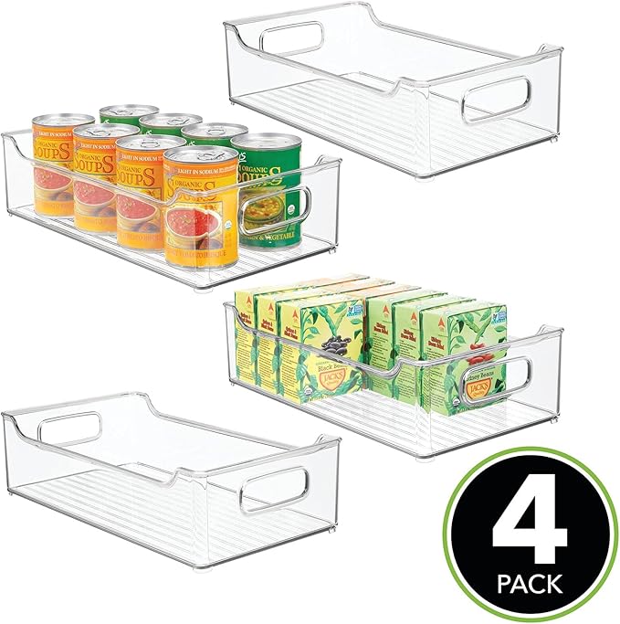 mDesign Wide Plastic Kitchen Storage Container Bins with Handles -Organization in Pantry, Cabinet, Refrigerator or Freezer Shelves - Food Organizer for Fruit, Yogurt, Squeeze Pouches - 4 Pack - Clear