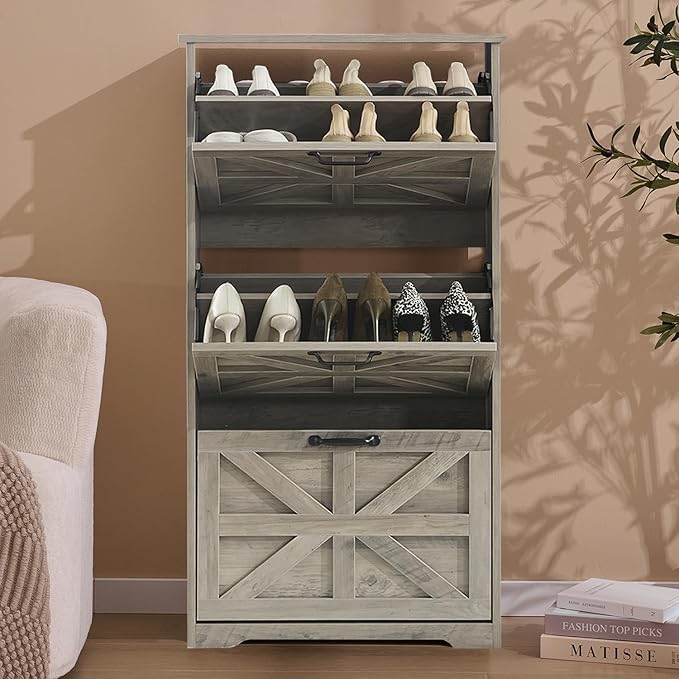 Shoe Storage Cabinet with Bench, Farmhouse Shoe Organizer with Barn Door Design, Space-Saving Hidden Narrow Shoe Rack Cabinet for Entryway, Hallway & Foyer，White