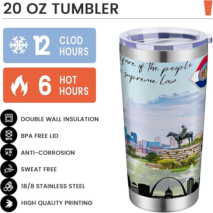 20oz Insulated Tumbler Missouri State Coffee Mug, United States Map Travel Mug Landmark, Birthday Gifts Cute Custom Tumbler Cups with Lid and Straw Mothers Day Gifts