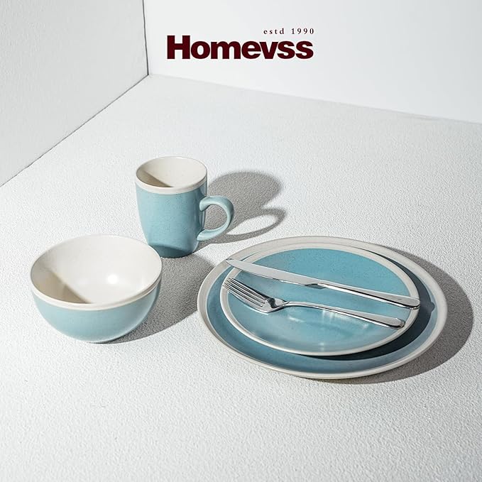 Rock Ridge Speckled Stoneware Dinnerware Set (16pc Set, Turquoise and Ivory)