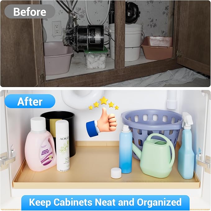 Under Sink Mat 25" X 19", Waterproof Silicone Under Sink Mats for Kitchen, Anti-Leak Shelf Liner & Cabinet Protector with Raised Edge, [BPA Free] Bathroom Tray Home Organizer, Brown