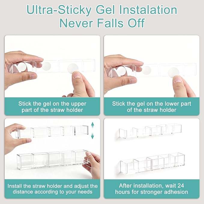 Acrylic Straw Holder, 9.5inch Large Adjustable Straws Organizer Storage, Reusable Tumbler Straw Storage Dispenser Straws with Ultra Sticky Adhesive Strips for Kitchen Cupboard Door(Transparent)