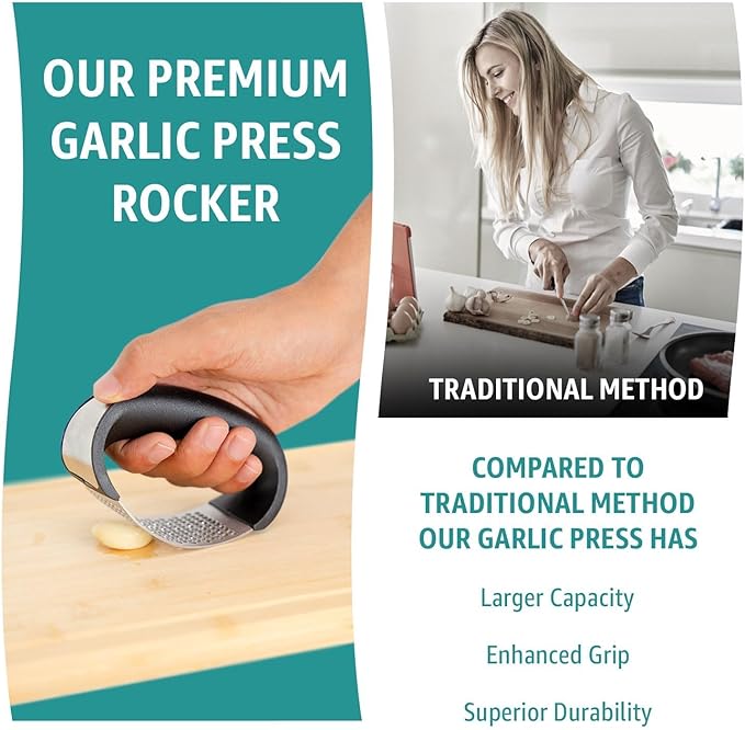Garlic press rocker, crusher, mincer tool stainless steel with a Garlic Peeler, spatula, and Brush extract more Garlic Paste. The Garlic Mincer Tool Squeezes, Extracts, Crushes