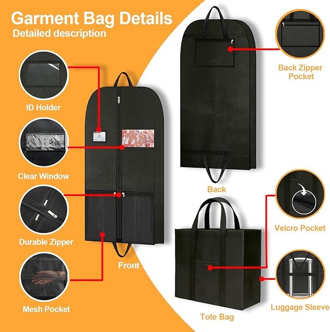 Large Heavy Duty Garment Bags for Hanging Clothes, Clothing Storage with Zippered Breathable Design, Travel Garment Bags for Long Garment Storage, Hanging Garment Bags for Travel and Closet 54 inches