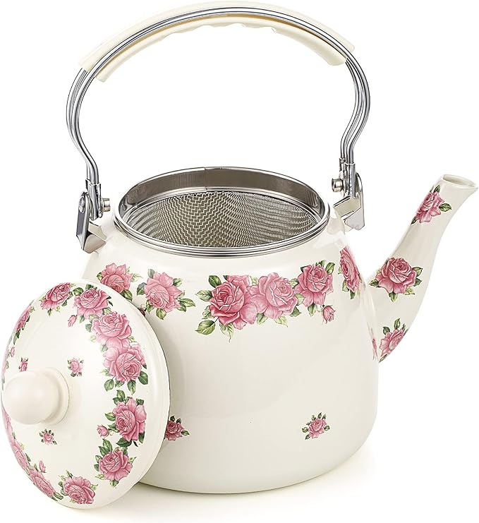 Tea Kettle Pot for Stove Top,Porcelain Large Enamel Teakettle,3.3L Colorful Teapot Floral Ceramic for Stovetop,Retro Classic Design