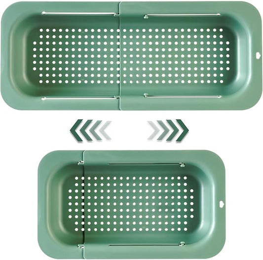 Extendable Sink Colander Strainer Basket - Wash Vegetables and Fruits, Drain Cooked Pasta and Dry Dishes - Adjustable Over the Sink Colander Collapsible Drainer Basket - Green