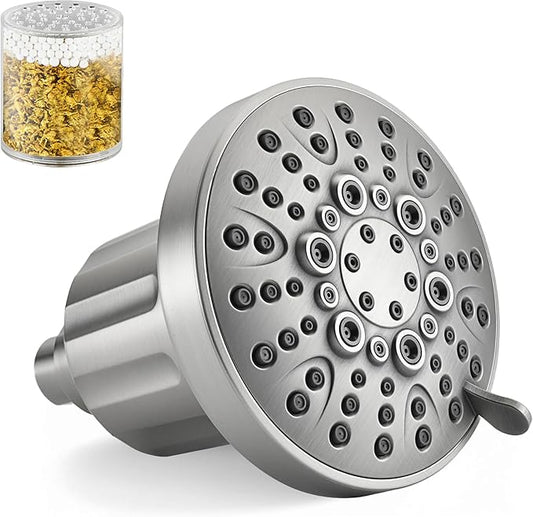 BRIGHT SHOWERS Filtered Shower Head, High Pressure Shower Filter for Hard Water to Remove Chlorine and Impurities, 8 Spray Modes Water Softener Showerhead for Hair and Skin Care, Brushed Nickel