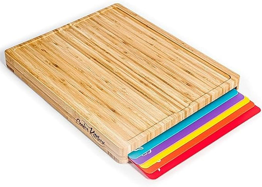 Cooler Kitchen Wooden Cutting Boards for Kitchen with 6 Flexible Plastic Mats - Meal Prep and Serving, Easy Clean Bamboo Cutting Board and Dishwasher Safe Plastic - Large Wood Cutting Board Set