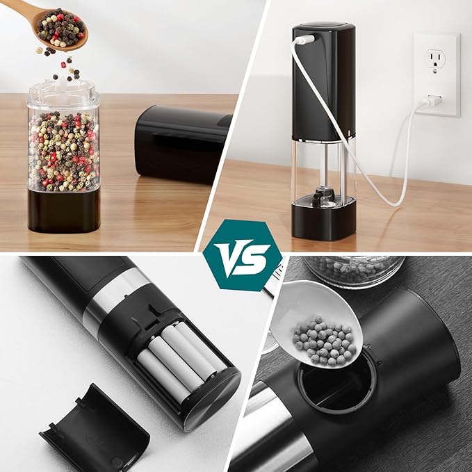 Upgraded Larger Capacity Electric Salt and Pepper Grinder Set Rechargeable with Digital Display, Refillable Electric Pepper Grinder Mill Set with Light & Ceramic Core, Adjustable Coarseness