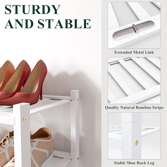 Smiry Shoe Rack, 5 Tier Long Bamboo Shoe Organizer, Stackable Free Standing Wooden Shoe Storage Shelf for Closet, Entryway, Front Door Entrance, White