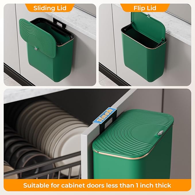 2.4 Gallon Hanging Trash Can - Small Under Sink Trash Can with Lid, Wall Mounted Compost Bin for Kitchen Cupboard Countertop, Odor-Control, Extended Clamping Ring, PET Material, Green