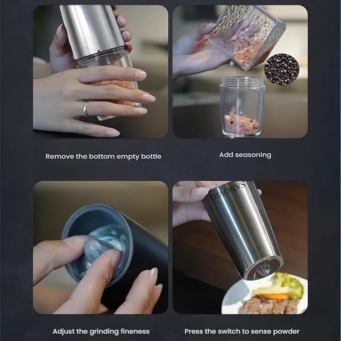 Gravity Electric Salt and Pepper Grinder Set, Adjustable Coarseness, Ceramic Grinding Core, Battery Operated, Perfect for Home Kitchen, BBQ, and Outdoor Picnics(Stainless Steel,2 Pack)