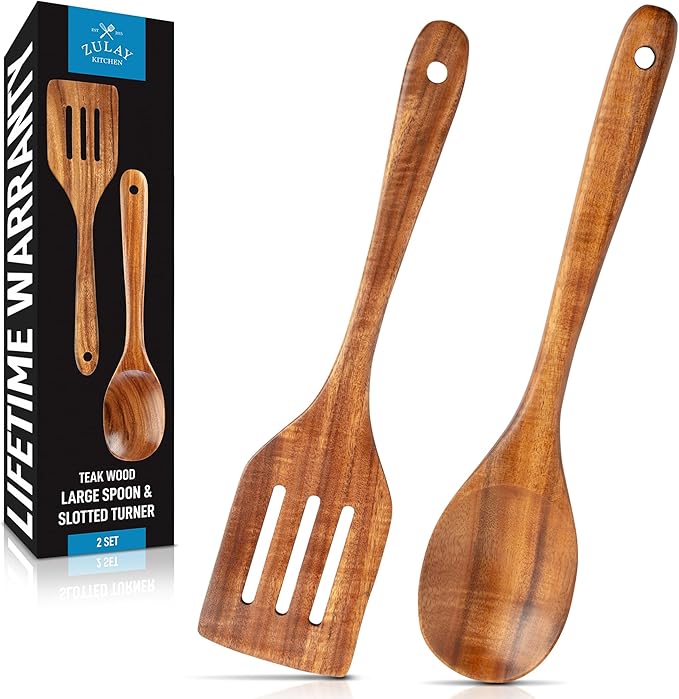 Zulay Kitchen Teak Wood Utensil Set – 2 Piece Large Wooden Cooking Spoon and Slotted Turner, Handcrafted Natural Teak Wood Kitchen Utensils, Durable, Nonstick Safe & Smooth Finish