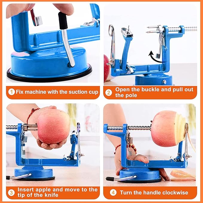 Apple Peeler Corer, Long lasting Chrome Cast Iron Apple Peeler Slicer Corer with Stainless Steel Blades and Powerful Suction Base for Apples and Potato(Blue)