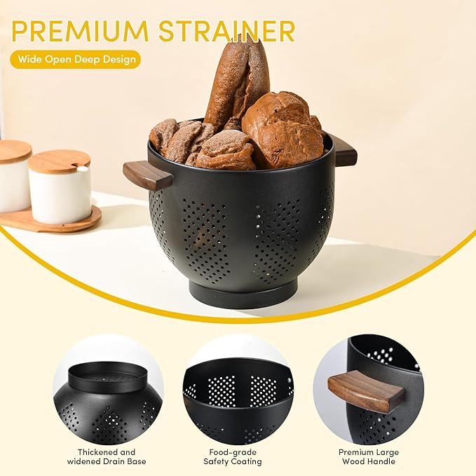 Metal Colander with Wood Handle & Self-Draining Base | 5.8QT Large Pasta Strainer for Kitchen | Scratch-Resistant Powder Coated Steel Basket for Vegetables, Fruit, Berries (Matte Black)