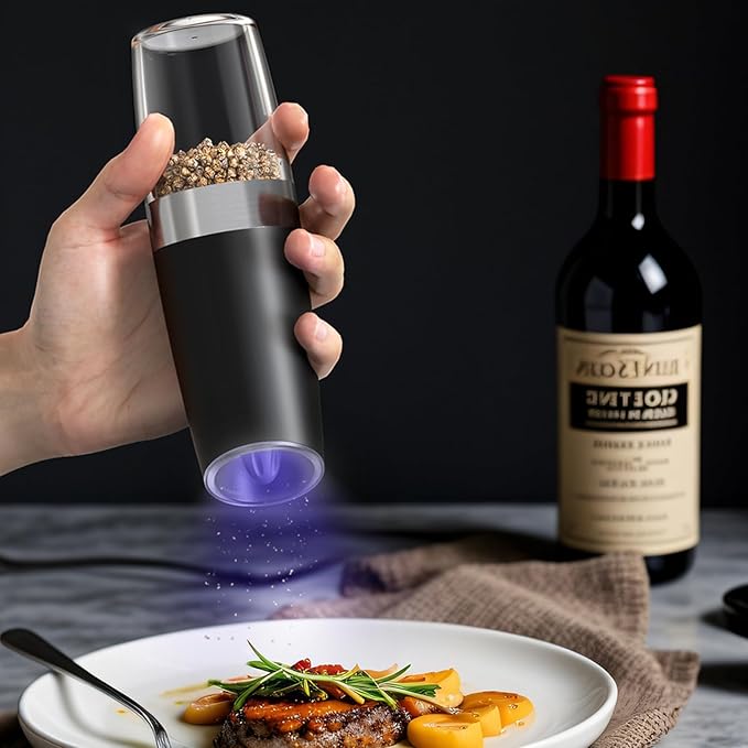 CIRCLE JOY Gravity Electric Pepper Grinder Salt Grinder Pepper Griner Mill Electric with LED Light, Battery Operated, Adjustable Coarseness, Washable 135ml Container, 1 Pcs
