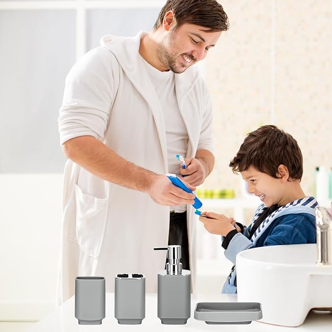 Bathroom Accessory Set 6 Piece Bathroom Accessories Set with Toothbrush Holder&Cup,Soap Dispenser& Dish,Toilet Brush Holder,Trash Can Plastic Gift Set for Bathroom Decorative Countertop（Gray