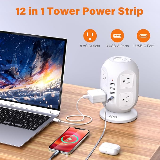 AiJoy Surge Protector Power Strip Tower with 8 Outlets 4 USB Ports(1 USB-C), 10 FT Flat Extension Cord with Multiple Outlets, Charging Tower with Surge Protection for Home Office Dorm Room Essentials
