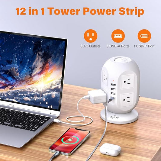 AiJoy Surge Protector Power Strip Tower with 8 Outlets 4 USB Ports(1 USB-C), 10 FT Flat Extension Cord with Multiple Outlets, Charging Tower with Surge Protection for Home Office Dorm Room Essentials
