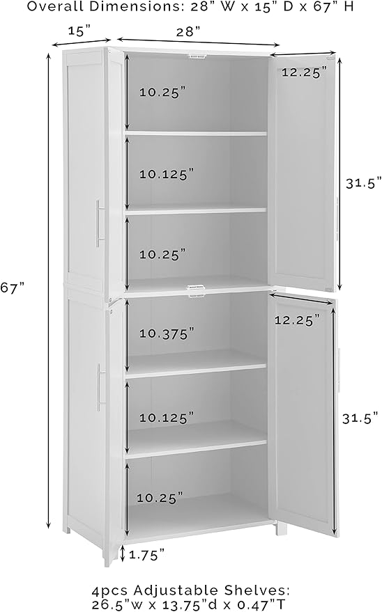 Crosley Furniture Savannah Tall Pantry Storage Cabinet with Shelves, Kitchen, Dining, or Laundry Room, White