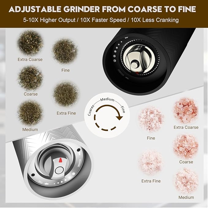 ARKNOAH Tabletop Manual Pepper and Salt Grinder 2-Pack Set, Refillable Adjustable Coarseness, Dual Stainless Steel Blades & Ceramic Cores, Portable Home & Commercial Grinding Settings