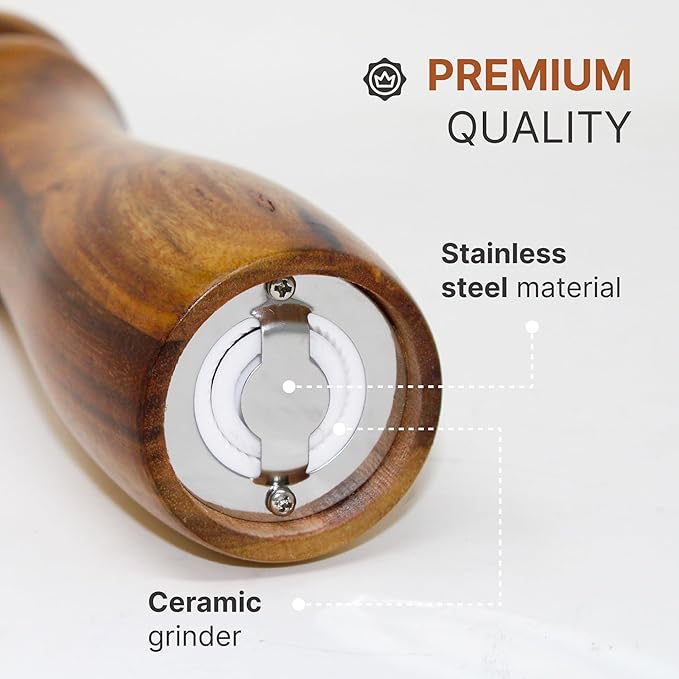 Acacia Light Wood Pepper and Salt Mill Grinder Set with Adjustable Mechanism for Fine, Medium and Coarse Grinding (2 Pack)