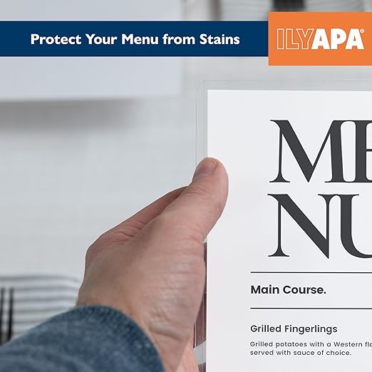 Ilyapa Restaurant Menu Covers 8.5 x 14 Inch - 30 Pack, Single Page, 2 View Clear Menu Holder Sleeves for Restaurant, Durable PVC Hard Plastic Sheet