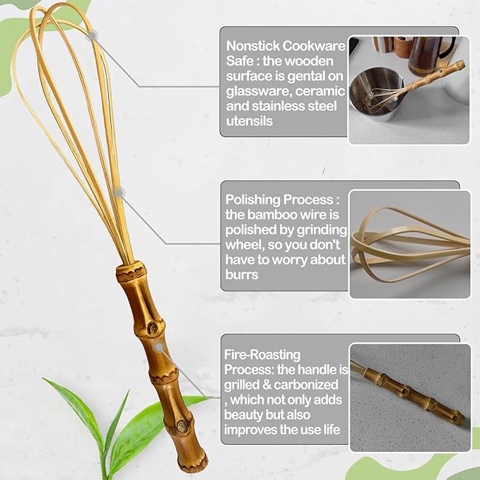 Wooden Whisk, Handcrafted Bamboo Whisks for Cooking Non Scratch, Balloon Whisk for Pancake Batter, Eggs and Sauces, Wooden Whisks Tool For Nonstick Cookware Pans, Bamboo Cooking Utensils (Whisk Set)