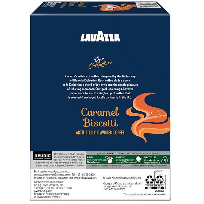 Lavazza Caramel Biscotti Coffee, Single Serve Keurig K-Cup Pods, Flavored Coffee, 88-Count Box (4 Packs of 22)
