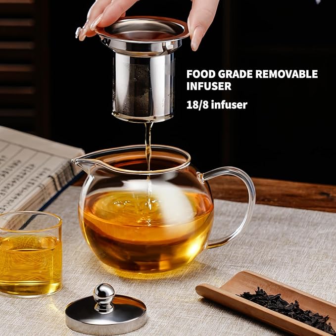 PARACITY Glass Teapot Stovetop 22 OZ/650ml, Tea pot with Removable 18/8 Stainless Steel Infuser, Borosilicate Clear Tea Kettle, Teapot Blooming and Loose Leaf Tea Maker Tea Brewer for Camping, Travel