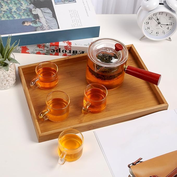 WHJY Glass Teapot With Infuser for Loose Tea, Small Magic Kettle for Stove Top, Clear Japanese Kyusu With Wooden Handle - 17 oz