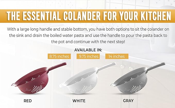 YBM Home 9.75 Inch Plastic Strainer Colander with Long Handle – Made of Food Safe BPA-Free Plastic - Use for Pasta, Noodles, Spaghetti, Vegetables and More 31-1130-white (1, White)