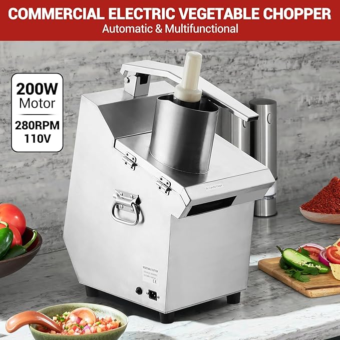 Commercial Food Processor 550W with 2 Feeding Holes, Stainless Steel Electric Vegetable Processor Detachable 6 Blades 2.2mm/4mm Shred, 2mm/4mm Slice, 3mm Strip Disc and 8mm Dicing Disc