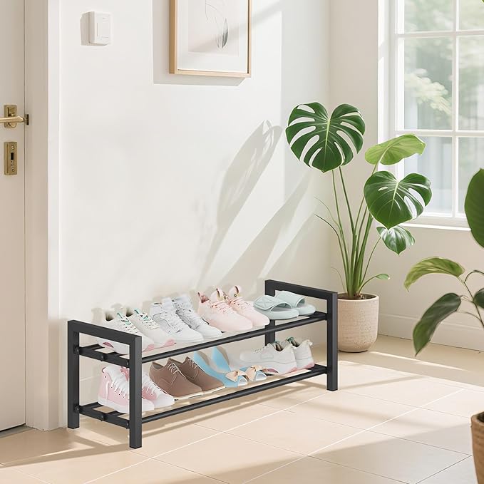 2-Tier Expandable Shoe Rack (17.5"-30.7") – Adjustable Heavy-Duty Metal Shoe Organizer Shelf for Closet, Entryway, Mudroom & Garage – Durable Freestanding Storage, Black