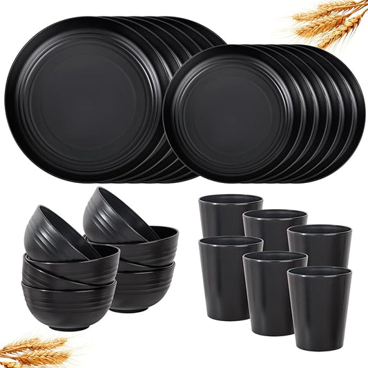 LIYH 24 Pcs Wheat Straw Dinnerware Sets Unbreakable Dinner Plates and Bowls Set Black Plastic Dinnerware Set Include 12Pcs Wheat Straw Plates 6Pcs Bowls 6Pcs Cups Dish Set for Kitchen&Camping