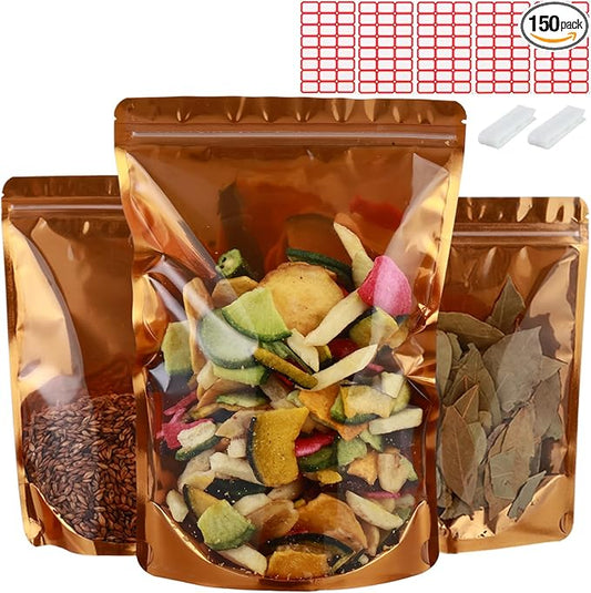 150-pack 4.7” x 7.9” Stand Up Mylar Bags with Clear Window Resealable Foil Pouches for Food Storage Smell Proof Edible Packaging Bag for Jewelry and Small Business, Small plastic bag Bulk, Golden