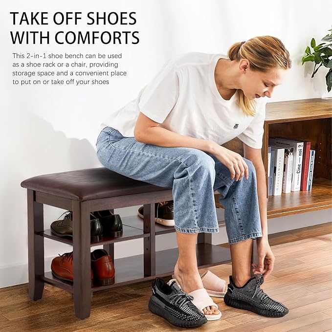 PY HOME & SPORTS Shoe Rack for Entryway 31.5": 2-Tier Shoe Storage Bench, Adjustable/Removable Shelves, Rubberwood Shoe Benches for Hallway, Porch, Bathroom, Brown